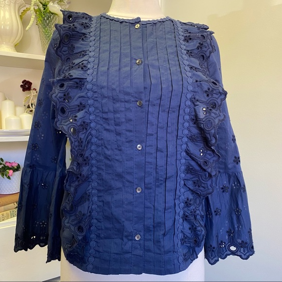 J Crew Navy Ruffle Eyelet Button Down Blouse - Picture 2 of 13